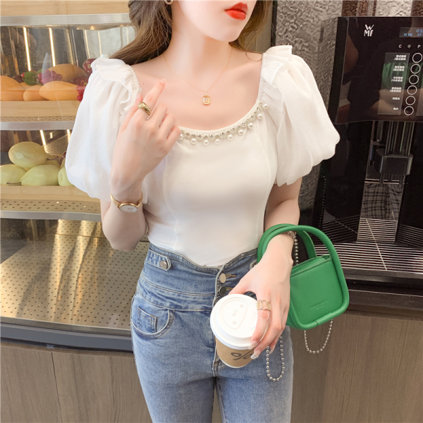 RM2919#夏季新款质感方领收腰T恤 设计感别致泡泡袖白色上衣女