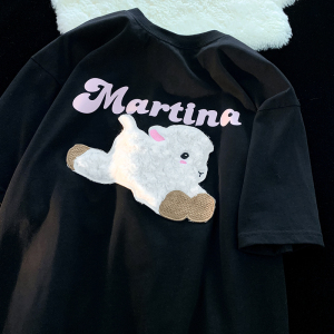 TR12636# 纯棉后包条精梳紧密新款短袖t恤女植绒+印花天猫抖音质量 服装批发女装服饰货源