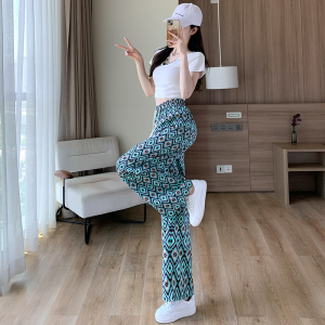 RM9696#抽绳冰丝绸缎阔腿裤女夏新款印花高腰垂感宽松百搭显瘦休闲裤