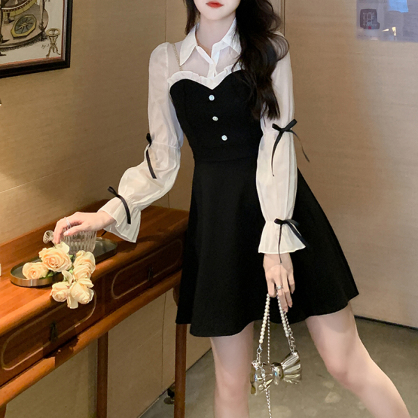 RM1957#新款甜美蝴蝶结衬衣领拼接假两件遮肉显瘦A字连衣裙