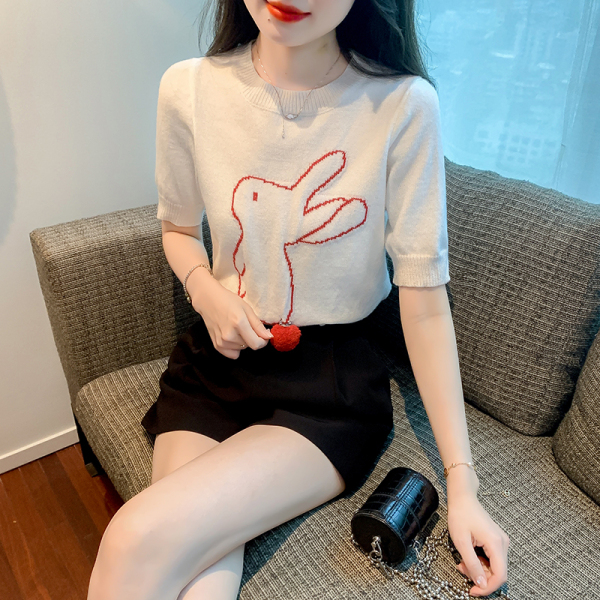 RM1404#新款韩版设计感圆领短袖撞色羊毛针织衫洋气上衣女
