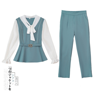 RM1697#新款洋气名媛风大码女装显瘦系带蝴蝶结西装裤两件套