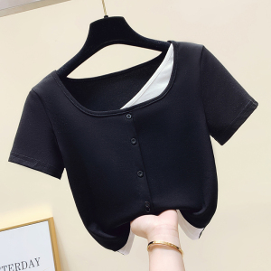 RM5255#夏韩版新款方领拼色假两件修身短袖时尚百搭上衣