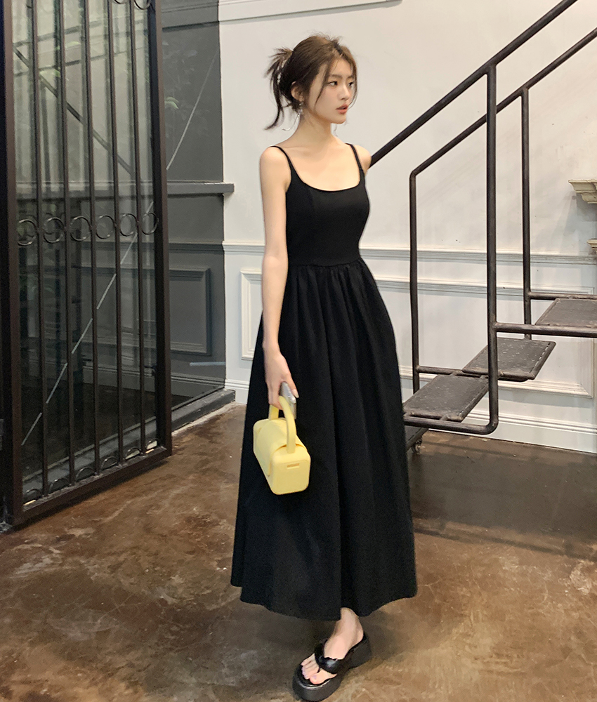 實拍2025春夏新款拼接連衣裙女吊帶裙高級感氣質小黑裙