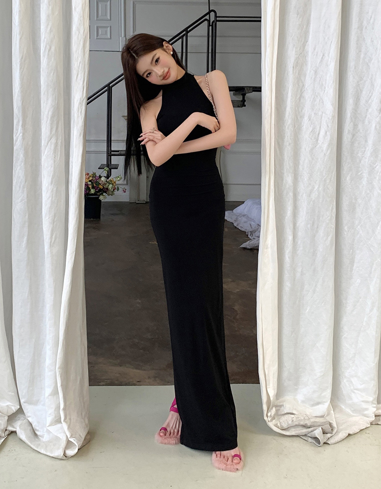 實拍2023春夏新款無袖連衣裙女后開叉長裙高領修身打底裙