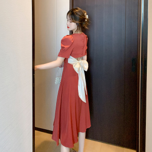 RM13233#夏季新款法式复古方领泡泡袖后背蝴蝶结显瘦连衣裙