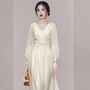 RM3248#新款法式宫廷风气质连衣裙V领雪纺内搭显瘦仙女裙