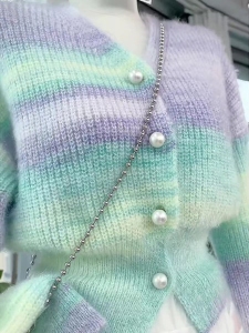 RM2001#日系短款奶糯风渐变色针织外套女彩虹珍珠扣毛衣