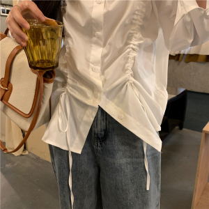 RM1555#上衣慵懒显瘦长袖抽绳白衬衫女设计感小众