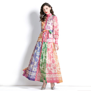 RM1470#度假风立领灯笼袖波浪边印花连衣裙