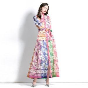 RM1470#度假风立领灯笼袖波浪边印花连衣裙