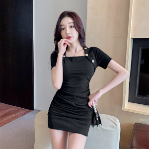Square-neck high-elastic cotton short-sleeved buttock dress