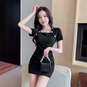 Square-neck high-elastic cotton short-sleeved buttock dress