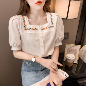 RM18514#夏季新款日系甜美减龄方领显瘦女上衣刺绣花棉衬衫