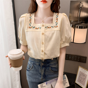 RM18514#夏季新款日系甜美减龄方领显瘦女上衣刺绣花棉衬衫