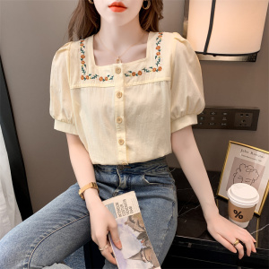 RM18514#夏季新款日系甜美减龄方领显瘦女上衣刺绣花棉衬衫