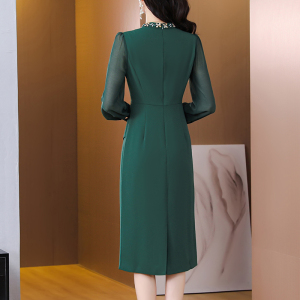 RM5449#新款气质修身显包臀裙长袖拼接领口钉珠假两件连衣裙女