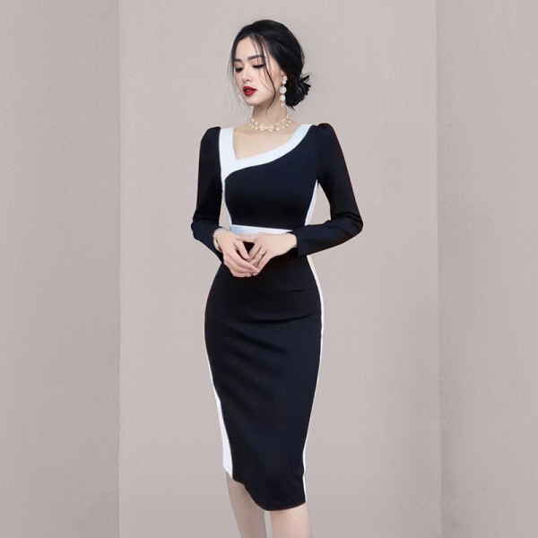 RM5401#新款气质修身显瘦黑白拼接撞色斜肩连衣裙
