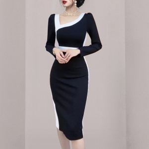 RM5401#新款气质修身显瘦黑白拼接撞色斜肩连衣裙