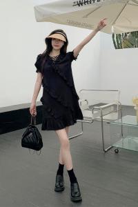 RM5361#新款大码气质连衣裙夏季女新款设计感小众绑带荷叶边裙子