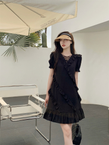 RM5361#新款大码气质连衣裙夏季女新款设计感小众绑带荷叶边裙子