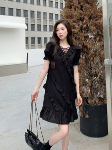 RM5361#新款大码气质连衣裙夏季女新款设计感小众绑带荷叶边裙子