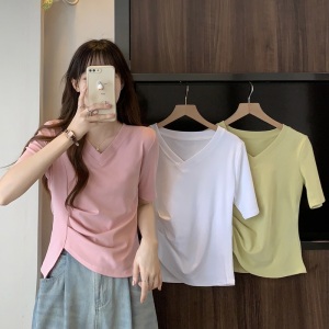 RM4517#大码女装   夏季新款修身显瘦褶皱小V领上衣短袖T恤女