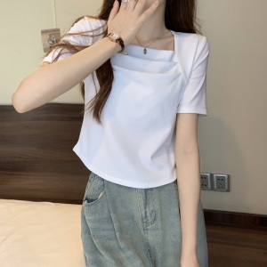 RM4518#大码夏季方领短袖正肩T恤女设计感褶皱纯棉短款修身上衣
