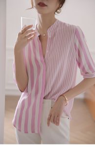 TR13657# 粉色条纹衬衫女夏设计感中袖宽松立领真丝上衣洋气时尚桑蚕丝衬衣 服装批发女装服饰货源