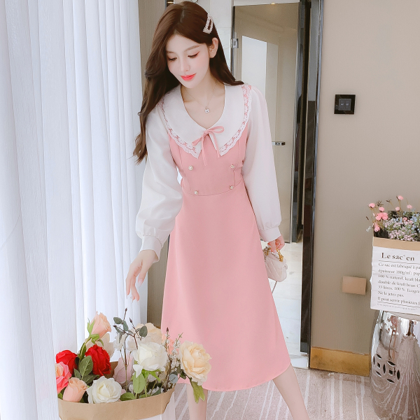 RM1595#高级感法式茶歇气质小香风粉色长袖连衣裙子显瘦长裙女初秋季新款