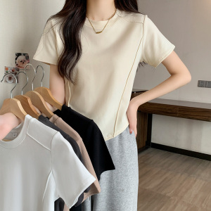 RM3156#纯色短袖t恤女夏季设计感小众修身显瘦圆领薄款鱼骨上衣