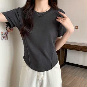 RM3156#纯色短袖t恤女夏季设计感小众修身显瘦圆领薄款鱼骨上衣