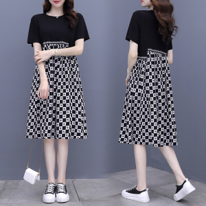RM20075#雪纺连衣裙2023夏装新款大码女装印花假两件背带裙拼接休闲a字裙