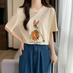 RM3161#高级感奶油杏色短袖t恤女夏季宽松薄款纯棉兔子印花上衣