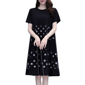 TR41245# 欧洲站夏季新款时尚黑色宽松遮肚网纱拼接碎花a字连衣裙女 服装批发女装批发服饰货源