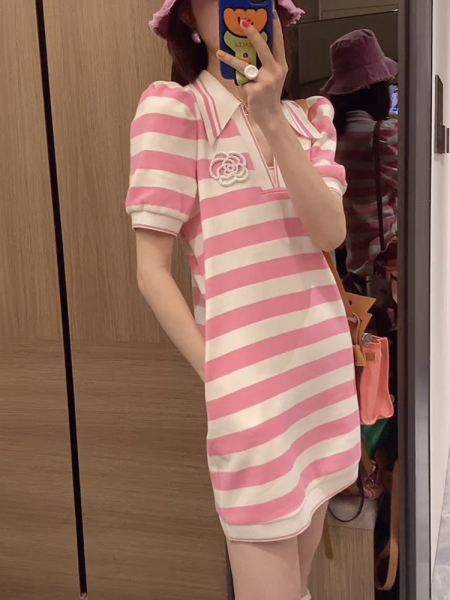 RM16413#粉色条纹连衣裙女夏2023年夏季新款花朵设计感小众法式高级...