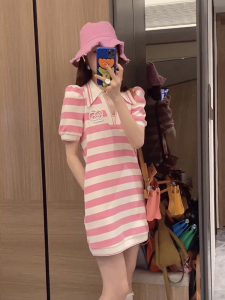 RM16413#粉色条纹连衣裙女夏2023年夏季新款花朵设计感小众法式高级感裙子