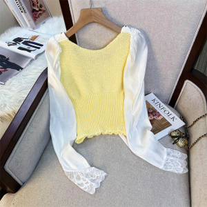 RM3529#撞色娃娃领短袖针织衫女夏季新款甜美减龄修身显瘦短款泡泡袖上衣