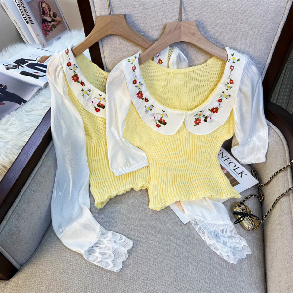 RM3529#撞色娃娃领短袖针织衫女夏季新款甜美减龄修身显瘦短款泡泡袖上衣