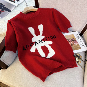 RM3527#红色圆领短袖针织衫春装2023年新款复古撞色兔子洋气上衣女