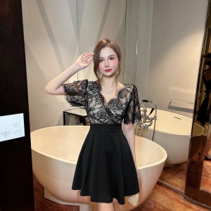 Low-cut V-neck contrast lace large swing short-sleeved dress high-end nightclub work clothes