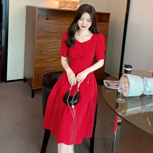 RM16684#法式复古方领连衣裙子女夏春高级感惊艳绝美收腰显瘦长裙