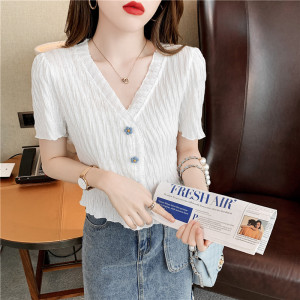 RM18455#夏季新品韩版百搭木耳边针织开衫冰丝短袖女上衣