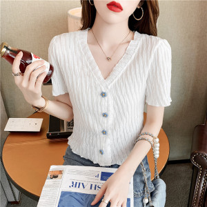 RM18455#夏季新品韩版百搭木耳边针织开衫冰丝短袖女上衣