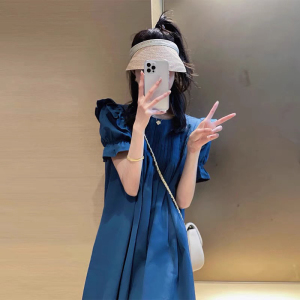TR12671# 法式高级感长裙梨形身材新款小个子显瘦蓝色连衣裙子女夏季 服装批发女装服饰货源