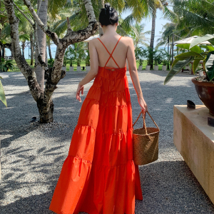 PS21026# 旅游度假裙海边沙滩裙橘色超仙挂脖露背连衣裙