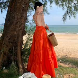 PS21026# 旅游度假裙海边沙滩裙橘色超仙挂脖露背连衣裙