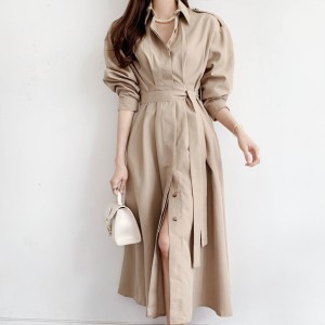 TR14399# 韩版INS系带设计款翻领长袖衬衣裙 服装批发女装服饰货源