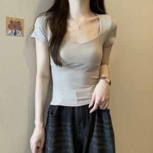 RM2092#t恤女装夏季新款设计感辣妹短款方领法式上衣