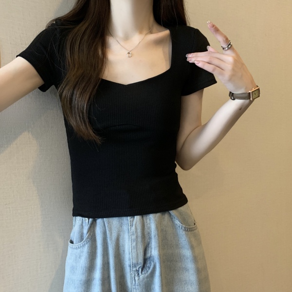 RM2092#t恤女装夏季新款设计感辣妹短款方领法式上衣